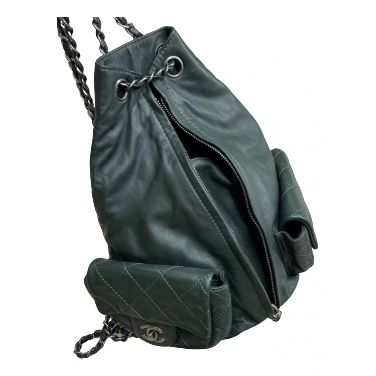 Leather backpack Chanel Green in 